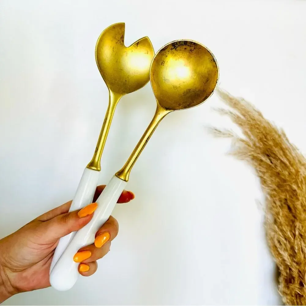 VINTAGE Gold Brass White Enamel Handle Salad Spoon Tosser Serving Utensil Set